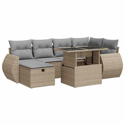 7-tlg. Garten-Sofagarnitur mit Kissen Beige Poly Rattan