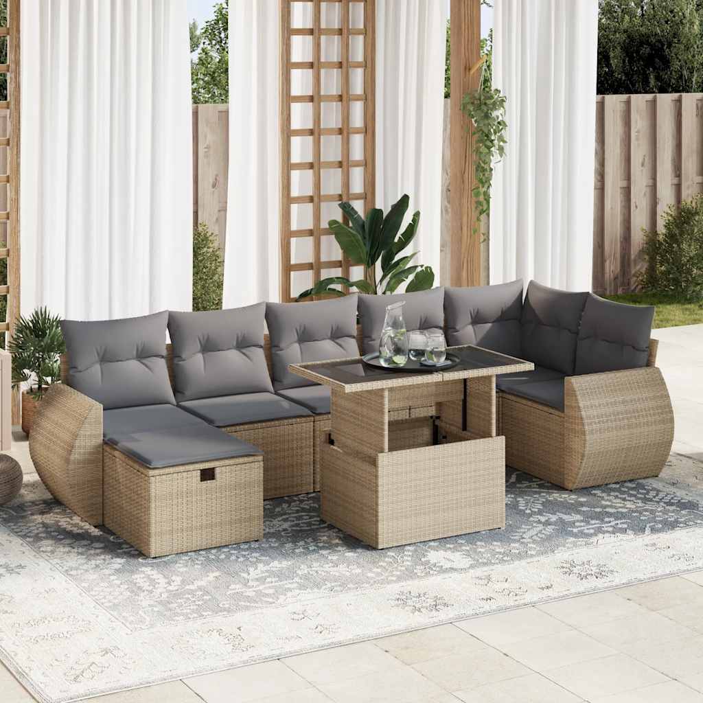 8-tlg. Garten-Sofagarnitur mit Kissen Beige Poly Rattan