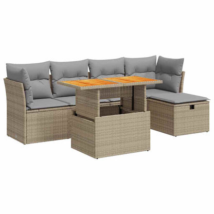 6-tlg. Garten-Sofagarnitur mit Kissen Beige Poly Rattan Akazie