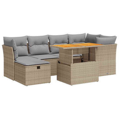 7-tlg. Garten-Sofagarnitur mit Kissen Beige Poly Rattan Akazie