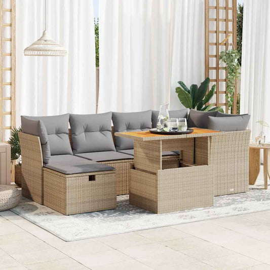 7-tlg. Garten-Sofagarnitur mit Kissen Beige Poly Rattan Akazie