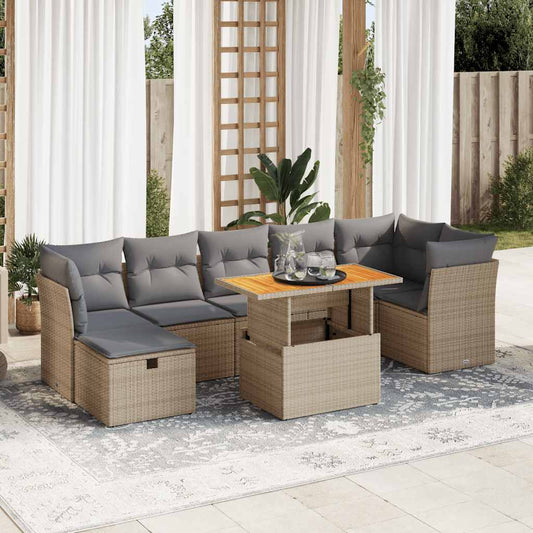 8-tlg. Garten-Sofagarnitur mit Kissen Beige Poly Rattan Akazie