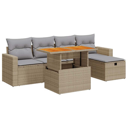 6-tlg. Garten-Sofagarnitur mit Kissen Beige Poly Rattan Akazie