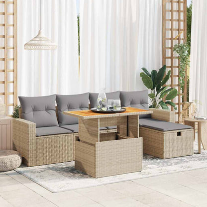 6-tlg. Garten-Sofagarnitur mit Kissen Beige Poly Rattan Akazie