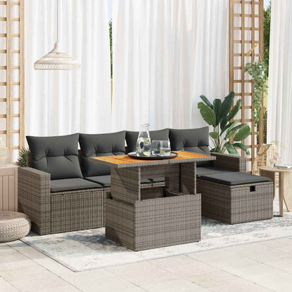 6-tlg. Garten-Sofagarnitur mit Kissen Grau Poly Rattan Akazie