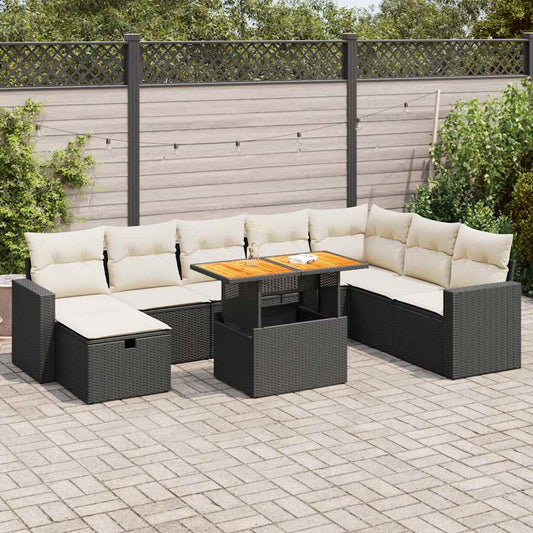 9-tlg. Garten-Sofagarnitur mit Kissen Schwarz Poly Rattan