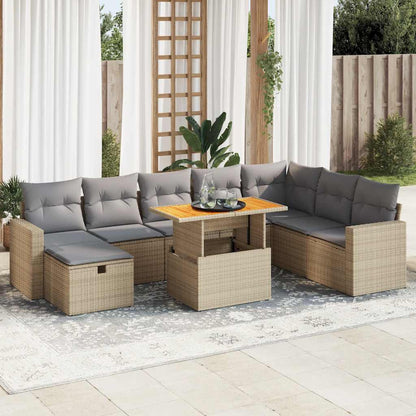 9-tlg. Garten-Sofagarnitur mit Kissen Beige Poly Rattan Akazie