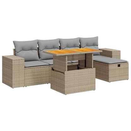 6-tlg. Garten-Sofagarnitur mit Kissen Beige Poly Rattan Akazie