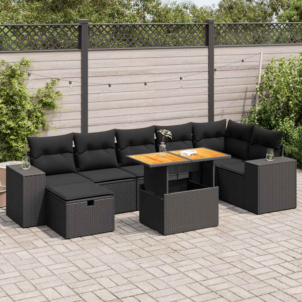 5tlg. Garten-Sofagarnitur mit Kissen Schwarz Poly Rattan Akazie