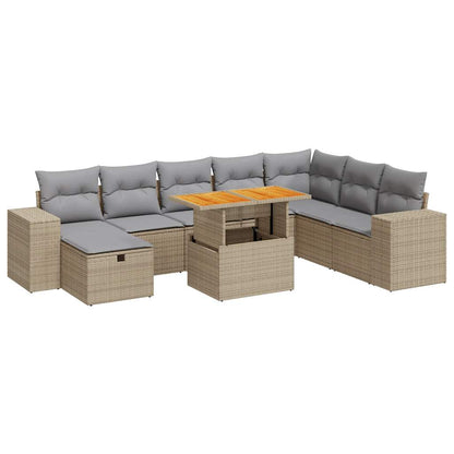 9-tlg. Garten-Sofagarnitur mit Kissen Beige Poly Rattan Akazie