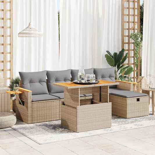 6-tlg. Garten-Sofagarnitur mit Kissen Beige Poly Rattan