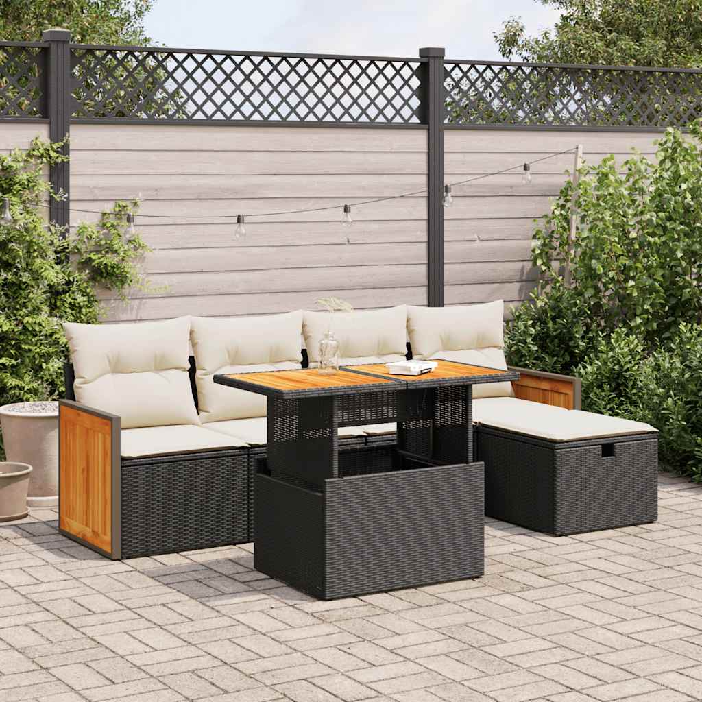 6-tlg. Garten-Sofagarnitur mit Kissen Schwarz Poly Rattan