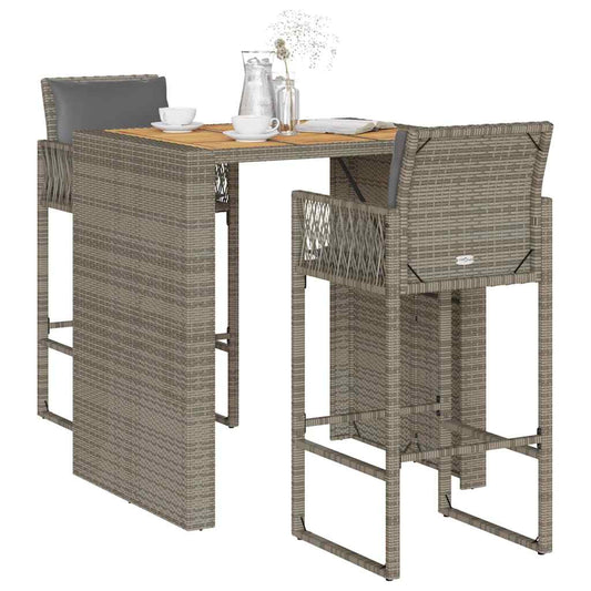 3-tlg. Gartenbar-Set mit Kissen Grau Poly Rattan Akazie