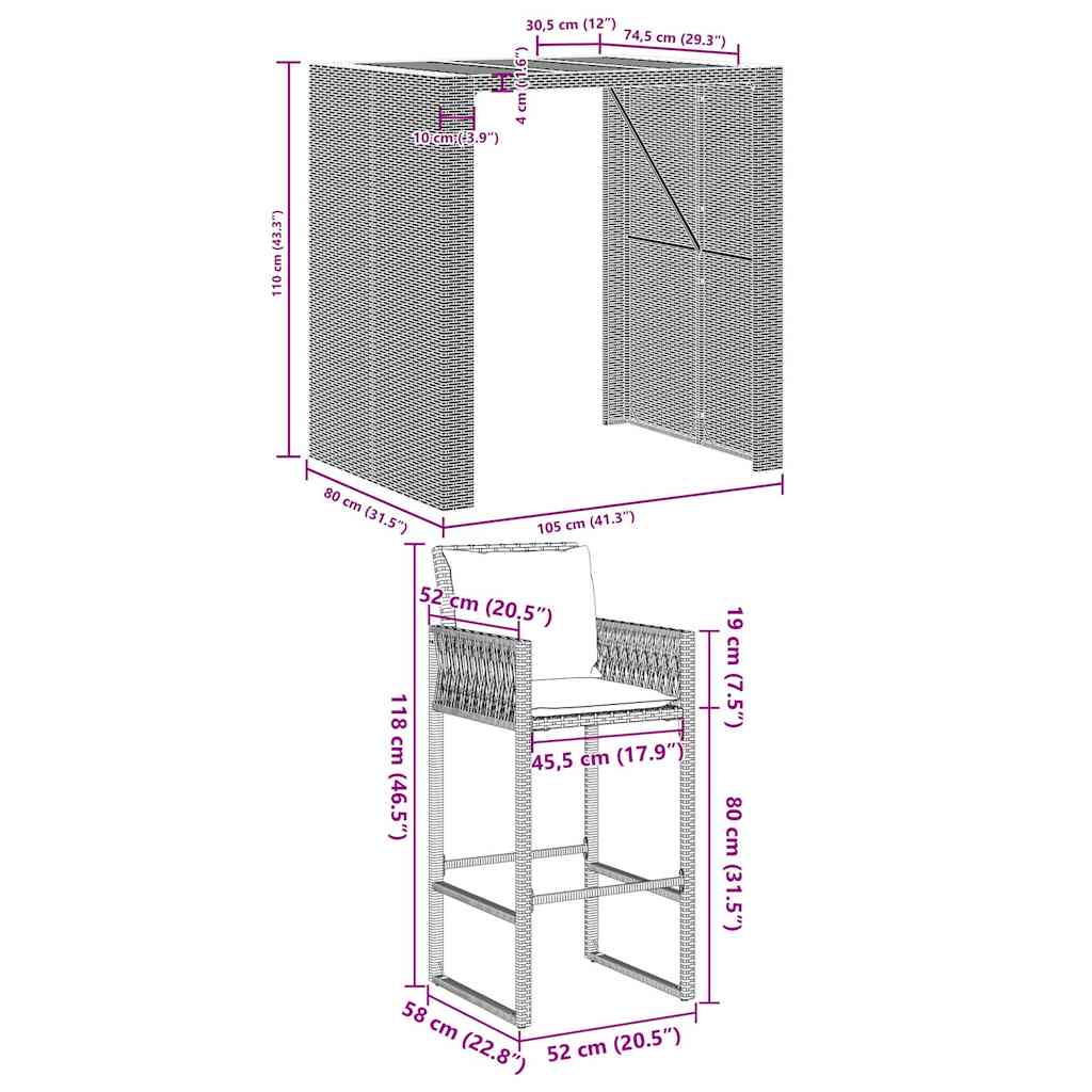 5-tlg. Gartenbar-Set mit Kissen Grau Poly Rattan Akazie