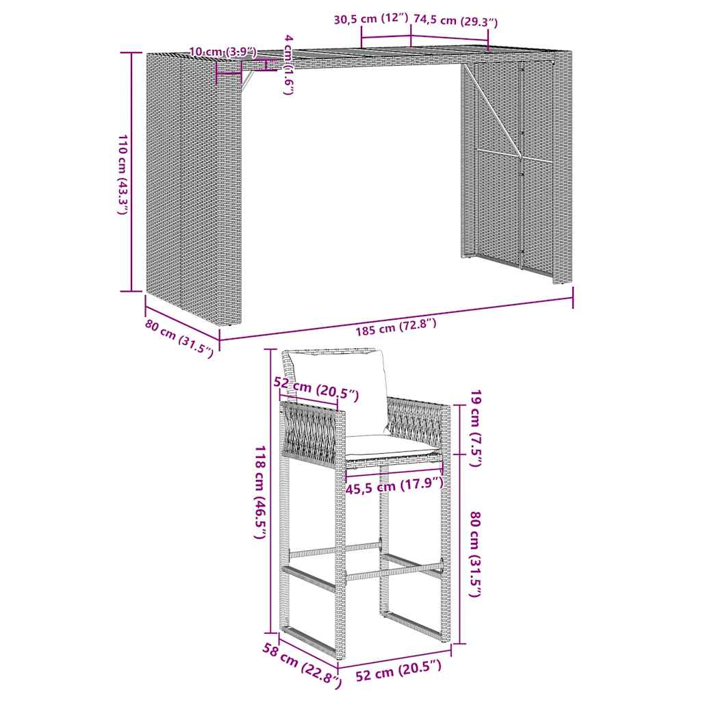 7-tlg. Gartenbar-Set mit Kissen Grau Poly Rattan Akazie